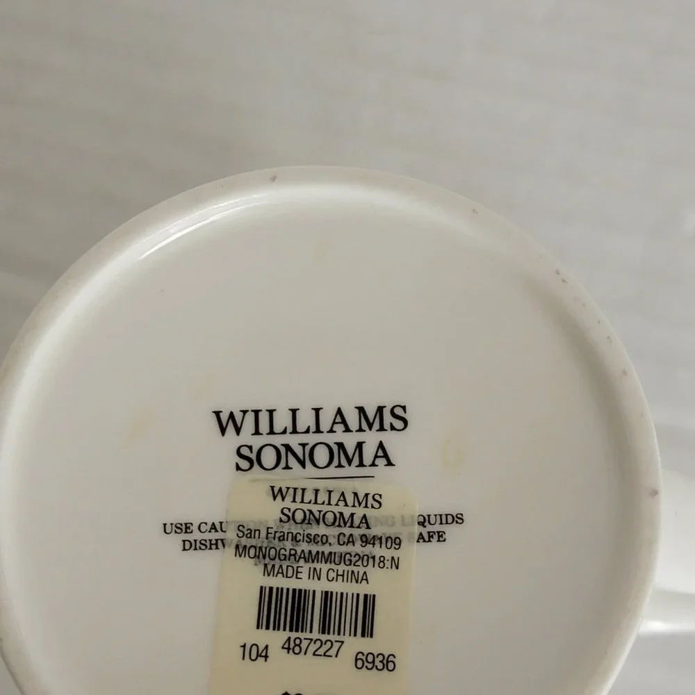 WILLIAMS SONOMA Initial Mug Letter “N” Monogram Coffee Tea Cup White Black